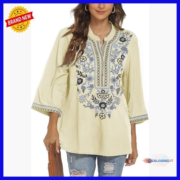 Tops - Loose Fit Embroidered Tunic Blouse 3/4 Sleeve V-Neck Bohemian Top